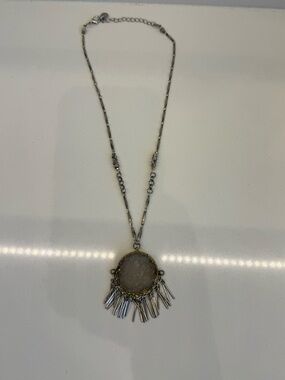 Silver-tone Druzy Pendant Fringe Necklace - Silver & Gold